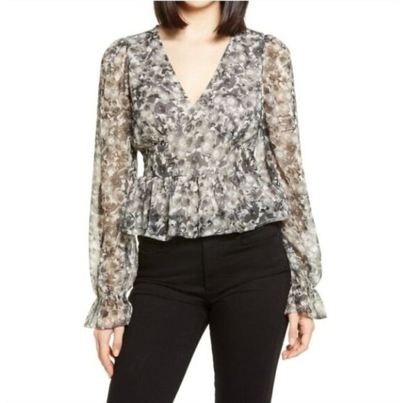 Vero Moda Black Gray Long Sleeve Floral Peplum Top Size Medium NWT - Picture 1 of 7